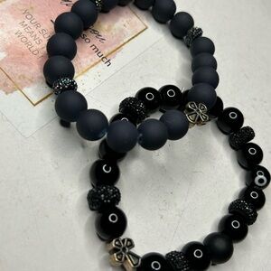 Matte Black & Onyx Cross Charm Bracelet Set